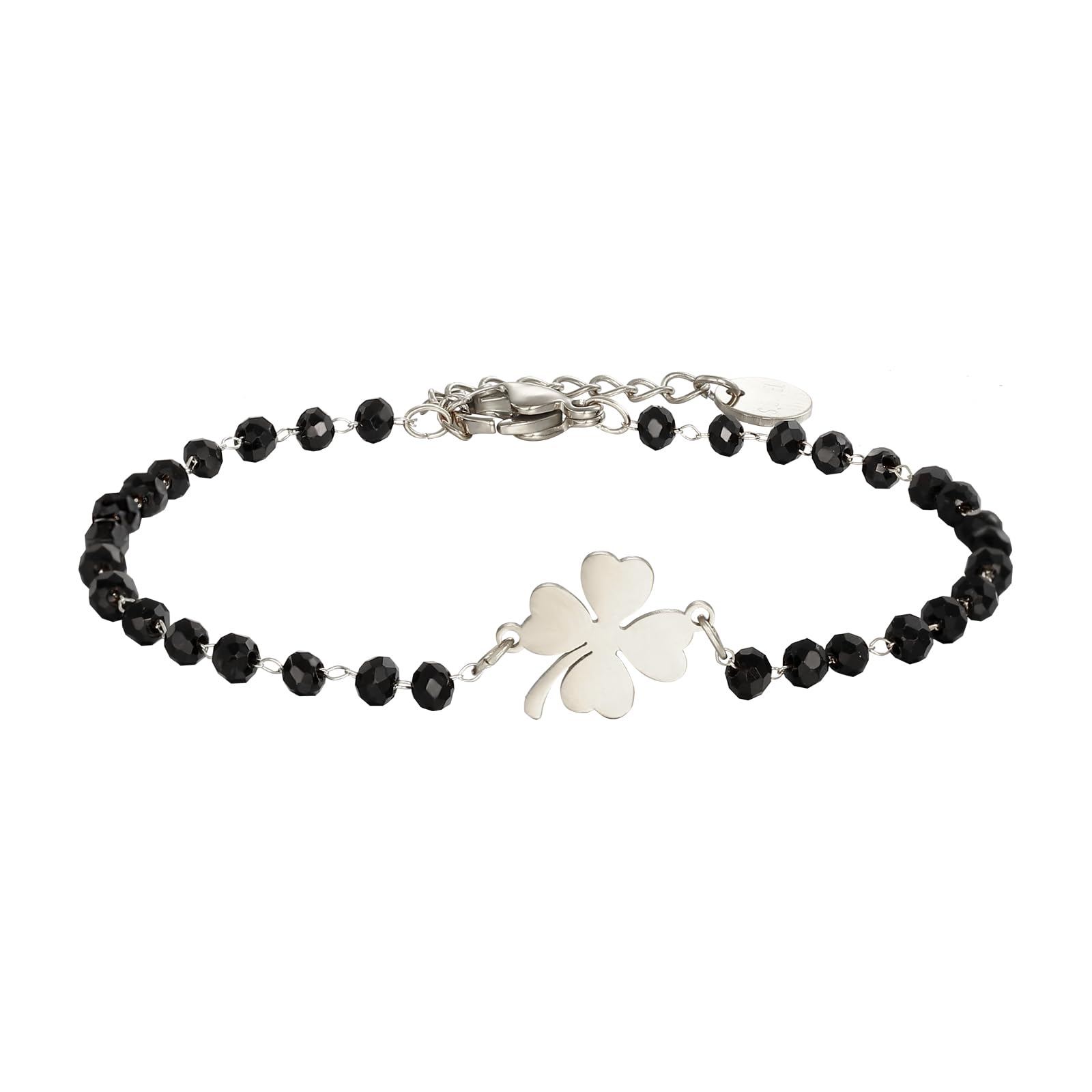PengJin Lucky four leaf clover charm bracelet, stainless steel, with black beads, simple lucky charm bracelet