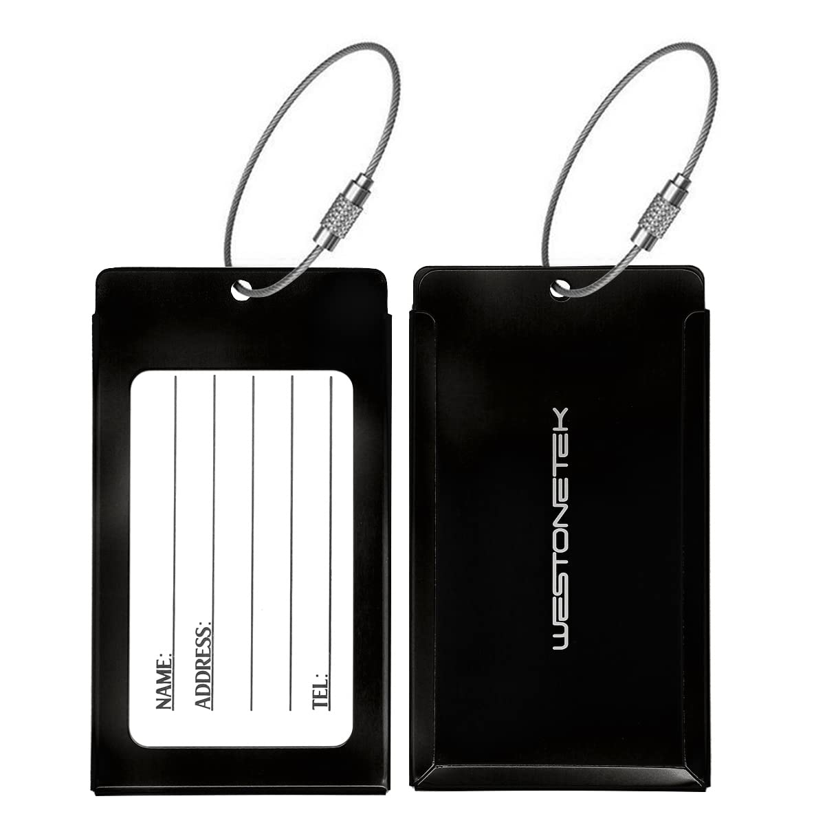 Photo 1 of **MISSING METAL RING** Pack of 2 Luggage Tags, Aluminum Metal Travel ID Tag Business Card Holder Name Address Identifier Labels Suitcase Label with Steel Cable for Baggage Bag, Black