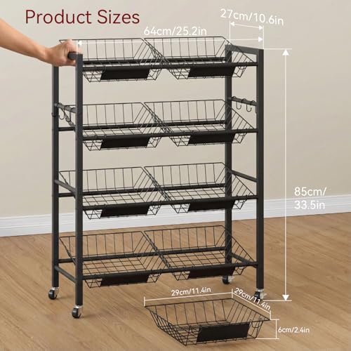 IBUYKE Kitchen Trolley with 8 Baskets,Metal Auxiliary Cart,Black TLJ025B | Vegetable Trolley Fruit Basket Organizer with Wheels for Vegetables, Onions, Potatoes