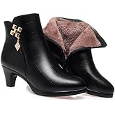 Hhhchpm Women’s Pointed Toe Chunky Block High Heel Ankle Boots Side Zip Comfortable Fur Lined Winter Kitten Heel Dress Booties with Rhinestones