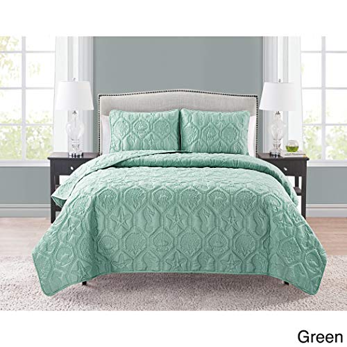3 Piece Seafoam Green Embossed Seashell Theme Quilt Queen Set