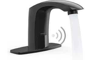 PRIMSOPH Automatic Motion Sensor Hands Free Electronic Infrared Smart Commercial Touchless Bathroom Sink Faucet with Cover Plate Temperature Mixer Battery or Plug-in Powered Matte Black