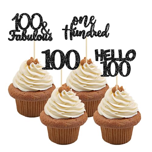 Gyufise 24Pcs Black Glitter 100th Birthday Cupcake Toppers Hello 100 One Hundred Cake Toppers 100 & fabulous Cupcake Picks for 100th Birthday Cake Decorations Supplies