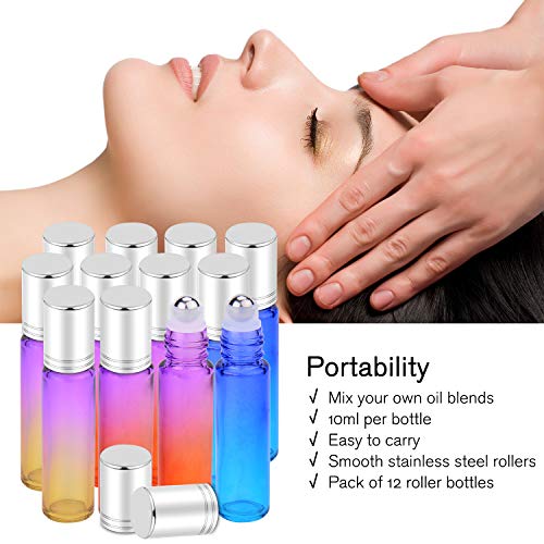 Essential Oil Roller Bottles 10ml by PrettyCare (12 Pack Rainbow Glass, Silver Cap, 24 Labels, 2 Extra Roller Balls, Opener, 2 Funnels) Roller Balls for Essential Oils, Roll on Bottles