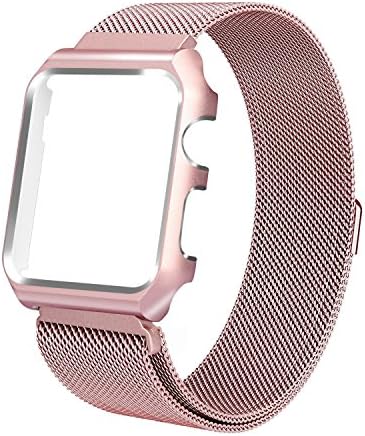Hollyfun Milanese Loop Replacement Band With Metal Protective Case For Apple Watch Band 42mm Series3 Series 2 Series 1 (Rose gold, 42mm)