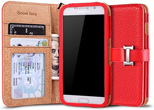 Samsung Galaxy S6 Cases, [Snow Fairy] Flip Cover Case [Premium Synthetic Leather Wristlet Series][Card Holder] [Wallet] - [Leather Fit] Wrist Strap Case for SM-G920 - Special ID Slot Design Red