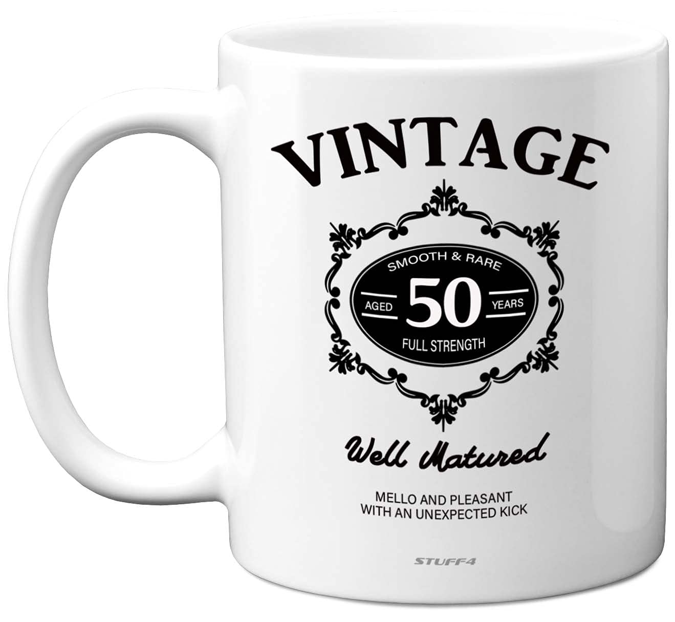 Stuff4 Vintage 50th Birthday Mug with Black Lettering, 11oz Ceramic Dishwasher Safe Premium Mugs, 50th Birthday 50 Year Old Gifts for Women, for Men
