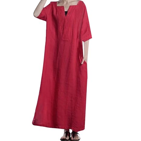 ESAILQ Übergröße Frauen Ethnische Lose Kaftan Langarm V-Ausschnitt Baumwolle Lange Maxikleid