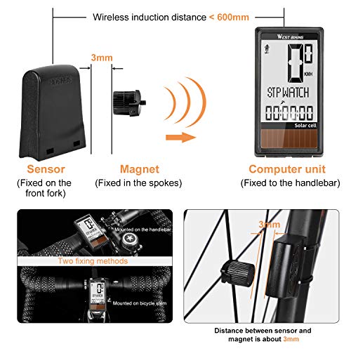 Bike Computer Wireless Solar Powered Speedometer with 5 Languages A/B