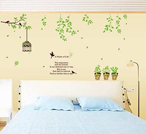 BIBITIME Green Tree Branch Hanging Birdcage with 4 Birds 3 Potted Plants Wall Sticker for Door Window Desk Decor Decals ,DIY Size: 59.06 41.34 IN