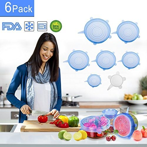 Silicone Stretch Lids (6 Pack) - BPA Free FDA Approved, Durable & Expandable & Reusable Food Saver Covers Bowl | Fit Various Shapes and Sizes | Keep Your Food Fresh and Tasty (Blue)