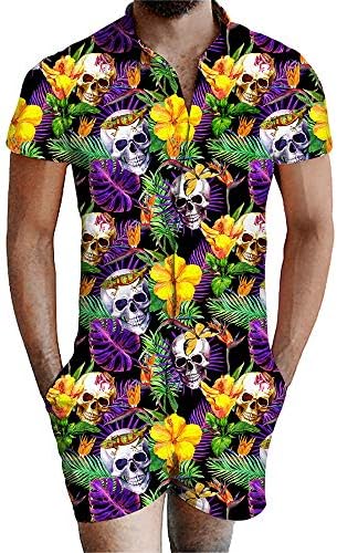 URVIP Men's Printed One Piece Jumpsuit Short Sleeve Romper Overalls with Pocket