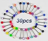 GreatFun 30PCS Fashion Colorful Stainless Steel Ball Barbell Tongue Rings Bars Piercing Ring