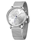 Baogela Mens White Dial Chronograph Military Silver Tone Stainless Steel Quartz Wrist Watches