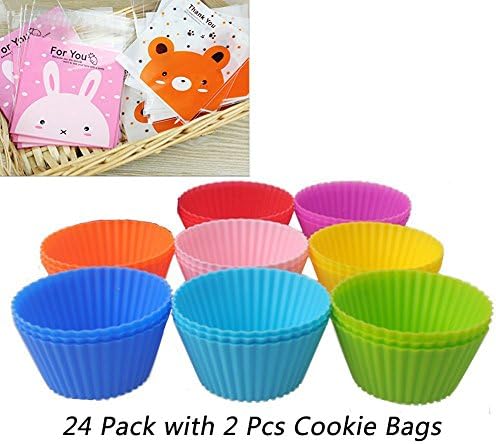 24 pcs Reusable Nonstick Silicone Baking Cups Cupcake Liners Muffin Molds Cups Chocolate Holders ( 8 Different Colors ) + 2 pcs Cookie OPP Bags for Free