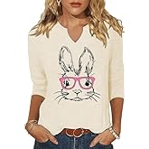 ehizrvo 3/4 Sleeve V Neck Shirts for Women Cute Bunny Easter Eggs Graphic Shirts Spring Outdoor Comfort Tops Blouse