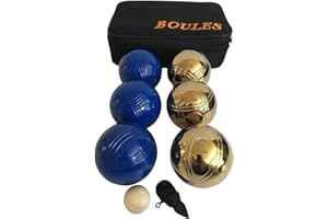BuyBocceBalls Listing -73mm Metal Petanque/Boules 6 Ball Set with 3 Blue and 3 Gold Balls and Black Bag