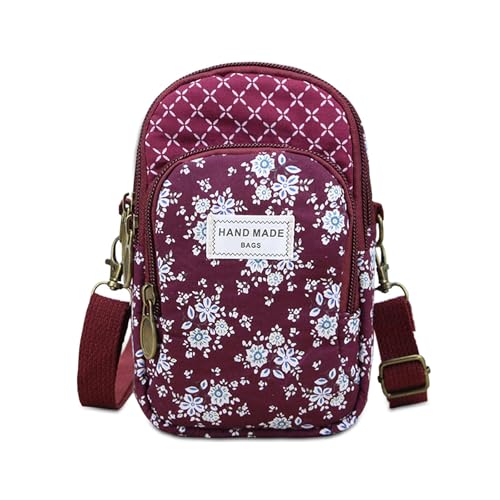 WITERY Canvas Multi-Pockets Crossbody Phone Bag, Fuchsia,