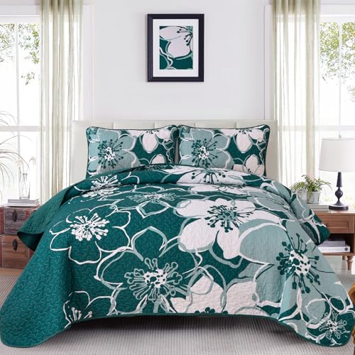 Luxudecor Floral Quilt Set King Size 3 Pieces Teal Flower Bedspread with Pillow Shams Lightweight Soft Microfiber Bed Cover for All Seasons 108"x92"