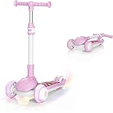 SIMATE 3 Wheel Kick Scooter for Kids Ages 3-12, Light Up Wheels & 3 Adjustable Height Handlebars, Lean-to-Steer & Widen Anti-Slip Deck, Boys & Girls Gift