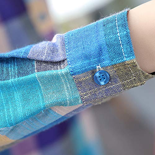 Usstore Women Girls Colorblock Plaid Casual Blouse Mandatory Full Sleeve Button Loose Daily Shirt Top Coat Cardigan (XXL, Blue)