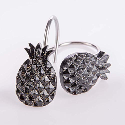 Dimaka Pineapple Shower Curtain Hooks Bling,12PCS of Set Decorative Rust-Proof Resin Stainless Steel Black Pineapple Shower Hooks Rings for Bathroom,Bedroom,Baby Room Decor(Black Pineapple)