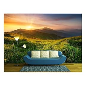 Mountain Valley During Sunrise. Natural Summer Landscape - Removable Wall Mural | Self-Adhesive Large Wallpaper - 66x96 inches