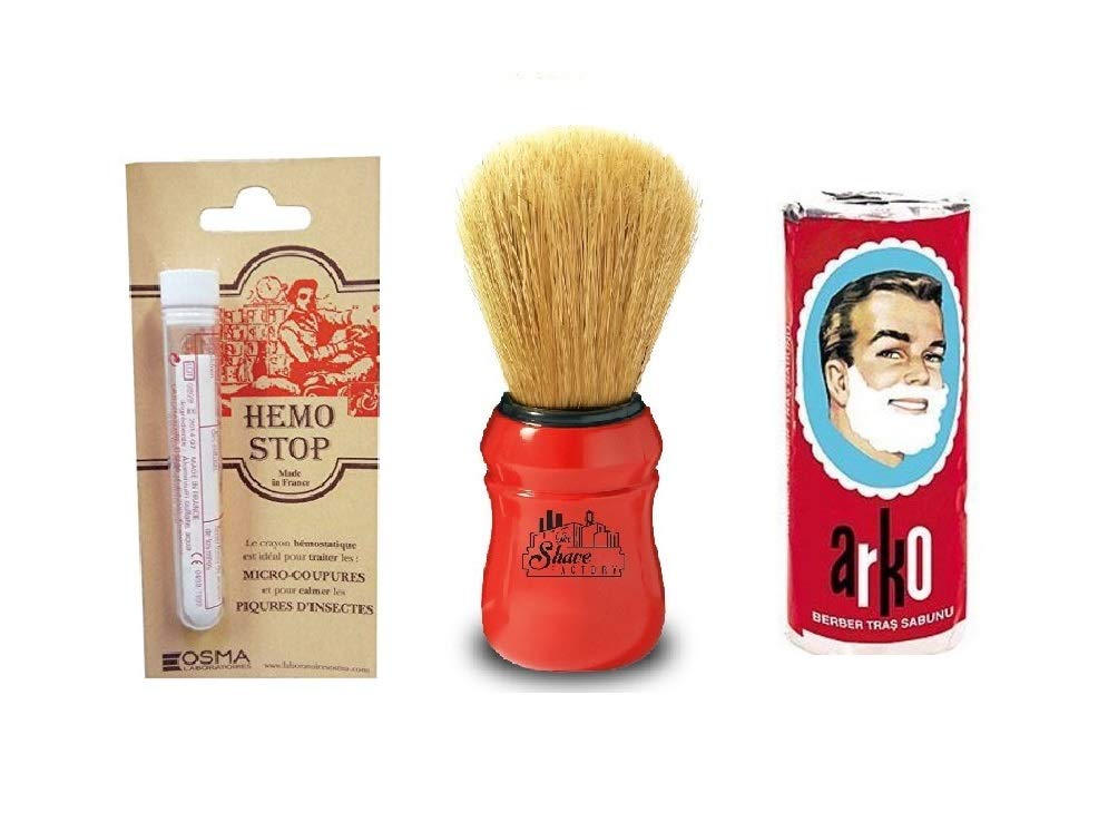 Arko Shaving Cream Soap Stick + Omega Shaving Brush with Natural Boar Bristle + Osma Alum Based Styptic Pencil,red