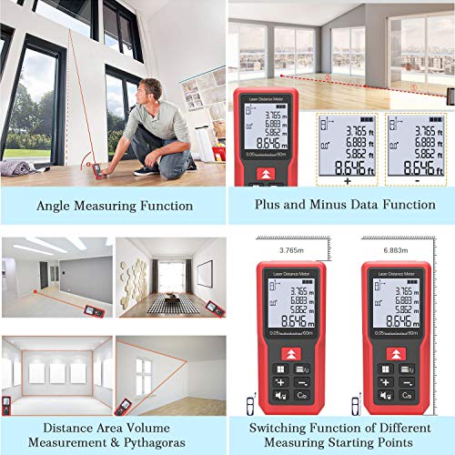 Emarth Laser Measure 196Ft/60m, M/In/Ft Mute Backlit LCD Laser Distance Meter with Electronic Angle Sensor, Electric Meter Tool, Measuring Distance, Area, Volume - Thumbnail 5