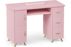 ABTSalon Manicure Table - Double Layered Desk Station, Pink Nail Makeup Beauty Salon Storage, Acetone Resistant, Wrist Cushion, 3 Drawers & 2 Cabinet