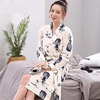 Huasen Soft Cozy Women Girls Long Sleeves Bathrobe Pineapple Pattern Cotton Nightgown Pajamas Cardigan Bathrobe Bathrobe for Women (Color : Beige, Size : XXL)