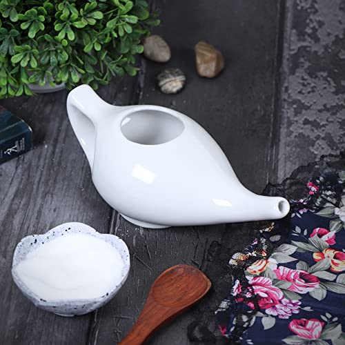 Qimacplus Leak Proof Durable Ceramic Neti Pot Comfortable Grip with 10 Sachet Neti Salt, Lightweight neti Pot Ceramic | Natural Treatment for Sinus and Congestion 9 oz Capacity (White)