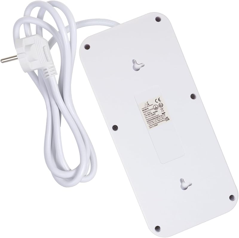 Regleta MCE389/391 | 6 Conectores 4xUSB 1xUSB-C 2500W | Cable de extensión de Escritorio con Interruptor | Puertos 45° | Montado en la Pared (Blanco, 1,5 m)