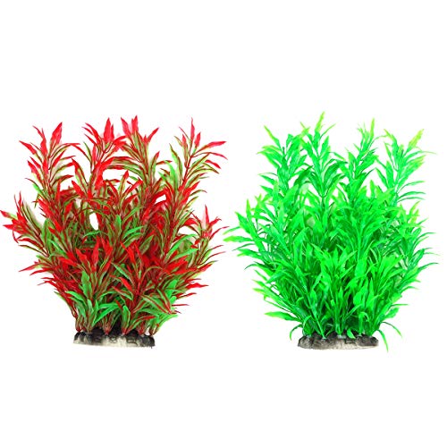 Smarlin Artificial Aquarium Plants, Plastic Fish Tank Plants Decor, 2 Pack, Non-Toxic & Safe for All Fishes (10 inches, Green&Red)