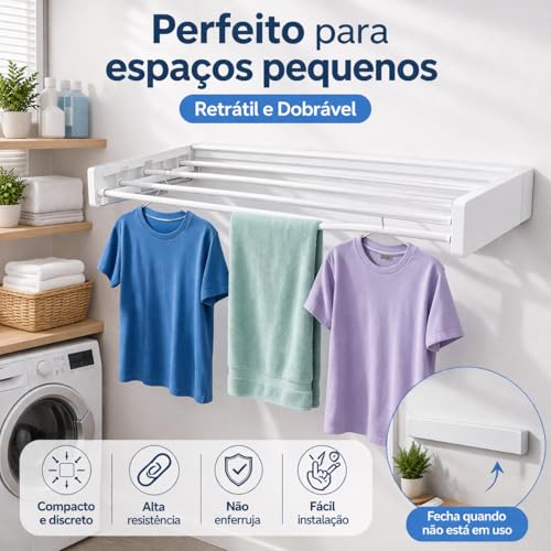 Varal de Parede Retrátil Dobrável 80cm Branco | 5 Varetas, Alumínio