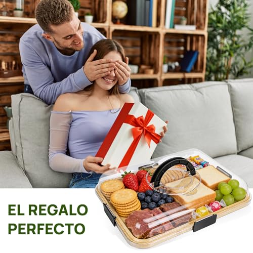 Tabla de Quesos con Tapa Transparente Antipolvo, Tabla Charcuteria Portátil con Asa y Seguro, 6 Divisiones, Reversible de Bambú - Ideal para Picnics, Fiestas, Camping y como Regalo para Casa Nueva