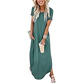 ANRABESS Womens Summer Maxi Dress Short Sleeve Casual Loose Long T Shirt Dresses Split Vacation Beach Sundress Travel Outfits