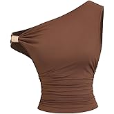 Milumia Women's Asymmetrical Neck Tank Top Y2k Ruched Crop Tops Going Out