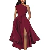 LILYIN Women's One Shoulder Sleeveless Belted Side Slit Cocktail Party Swing Dress with Pockets