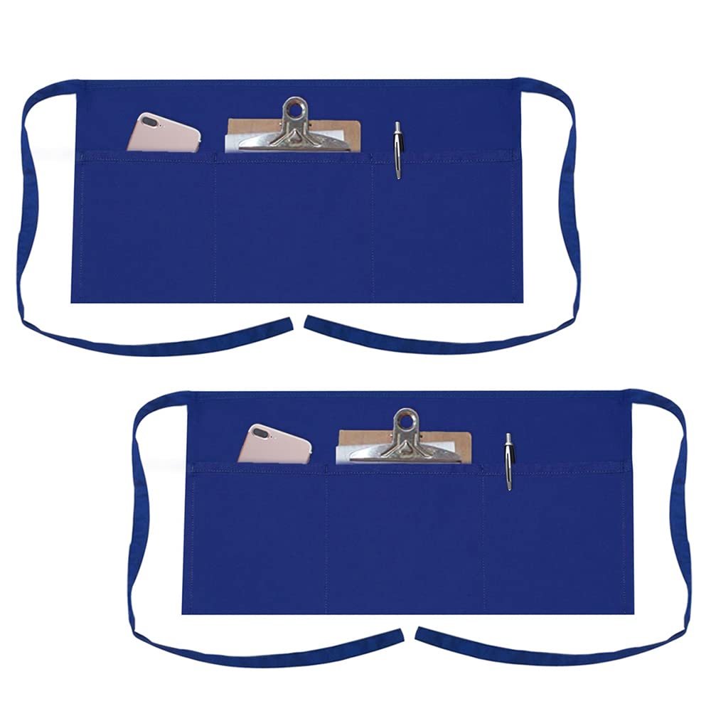 TOPTIE 2 Pack Waitress Waiter Server Bistro Waist Apron with 3 Pockets, Restaurant Kitchen Chef Half Aprons, 24" W x 12" H-Blue