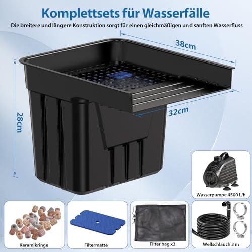 POPOSOAP Outdoor Waterfall Pond Pond Waterfall with 4500L/H Pond Pump, 3M Corrugated Hose and Filter Material, for Garden Ponds, Streams and Water Features