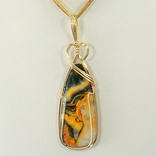 Black &amp; Yellow Bumble Bee Jasper Gemstone Pendant, Handmade Wire Wrapped 14k Gold-filled Necklace