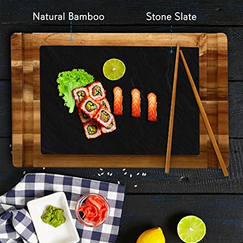 Wooden Board Sushi Serving Plate - Rectangular Japanese Sushi Serving Plate - Acacia Wood Platter Display/Cutting/Serving Tray Set - Slate Plate, 2 Ceramic Sauce Bowls, Chopstick - NutriChef PKSUSH10