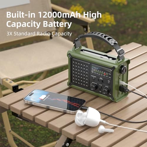 Solar Radio, AM/FM Crank Radio with 12000mAh Power Bank for Smart Phone Emergency Charging, 5 Charging Methods, Headphone Jack, SOS Alarm for Camping, Emergency