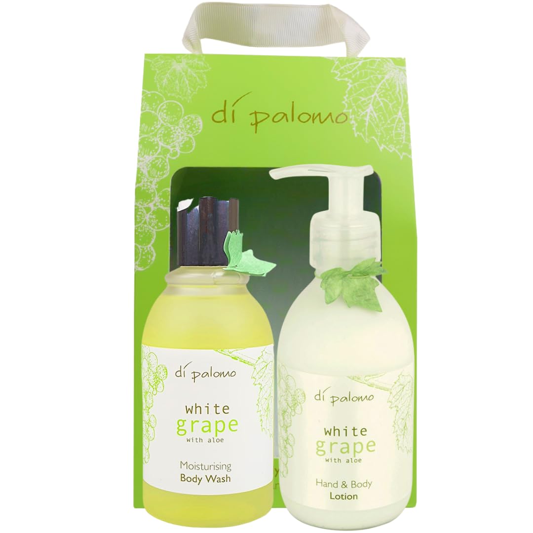 Di Palomo Vegan White Grape & Aloe Bath & Body Collection. Body Wash & Body Lotion. Moisturising Skin Care Gift Set. Relaxing Gifts for Her. Pamper Gifts for Women. Luxury Gift Sets for Women.