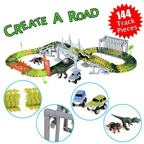 [Upgraded Version] Race Track Dinosaur World,Bridge Create A Road 144 Piece New Jurassic Park Toys & Flexible Track Playset,Two Toy Cars,Two Dinosaurs,Wooden Bridge,Cage, Plastic Roll Ball More Access - Thumbnail 7