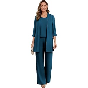 Fvilbc Dressy Mother of The Bride Pant Suits with Jacket 3/4 Sleeve Chiffon Formal Wedding Pantsuit for Women