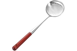 HEALLILY Stainless Steel Cooking Ladle with Extended Wooden Handle Oil Separator Soup Spoon for Kitchen
