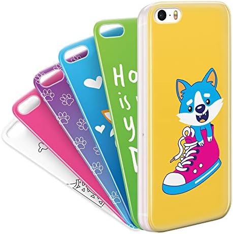 MyPopins iPhone 5/ 5S/ SE Case Pack Premium Set - Clear TPU Silicone Protective Shockproof Bumper Case Cover + 6 Slim Thin Fun Cute Back Cover Skin Case Layers for Girls/Kids/Women – 6 * Dog Cases