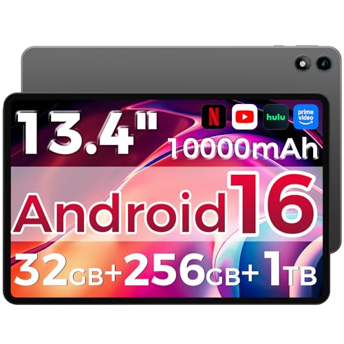 RebotAi Tablet 13.4 Inch, Android 16 Tablet with Octa-Core Processor, 32GB RAM+256GB ROM/ 1TB TF, 10000mAh Large Tablet 1920 * 1200 IPS, 5+16MP/GPS/Gemini AI/Widevine L1, Case Included